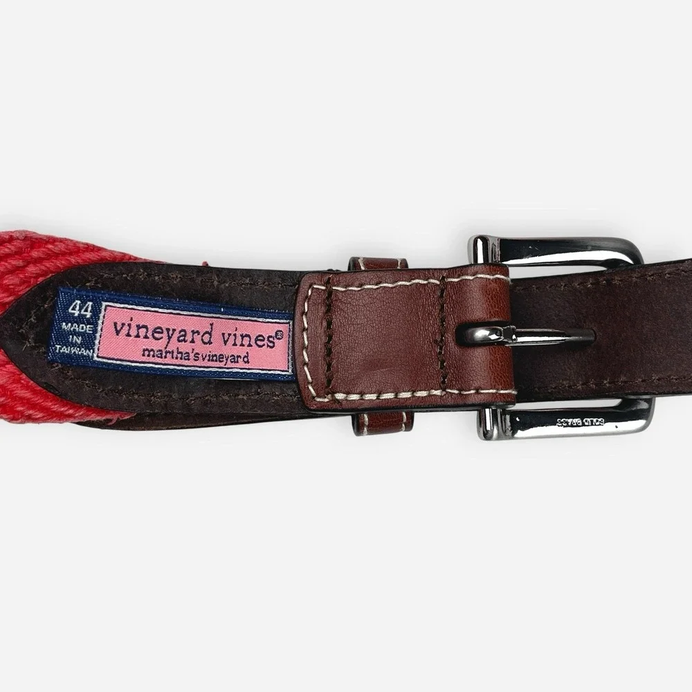 Vineyard Vines Men's Belt Chevron Webbing Canvas Leather Jetty‎ Red Sz 44